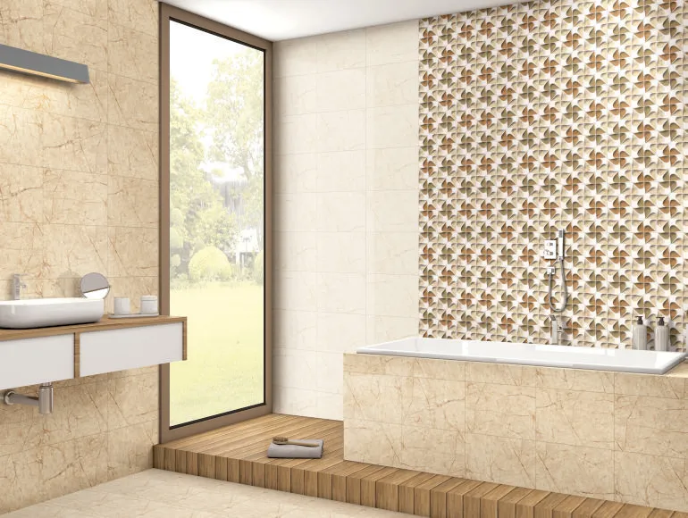 Beige Bathroom Design with SHG Pinwheel Brown Tiles, Bathtub, and Sink